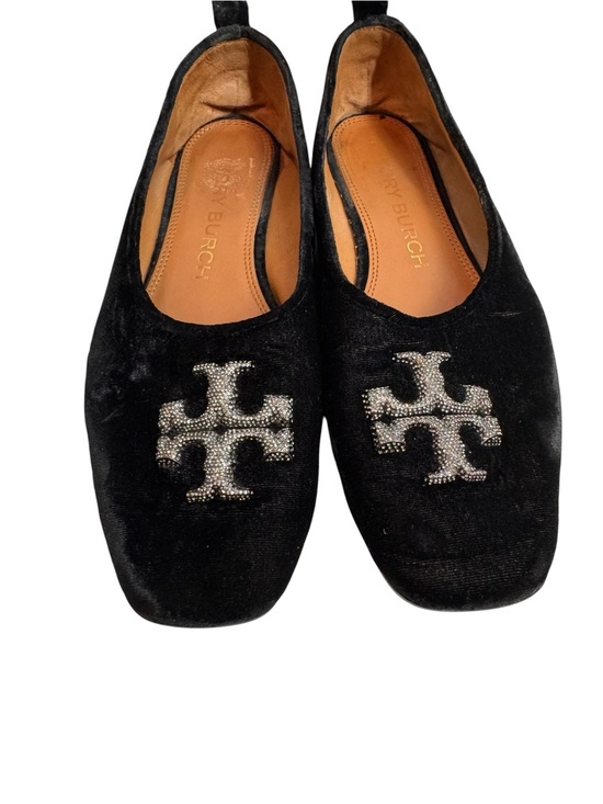 Tory Burch Shoes - Tory Burch Eleanor Black Velvet Flats with Crystal Logo 8.5